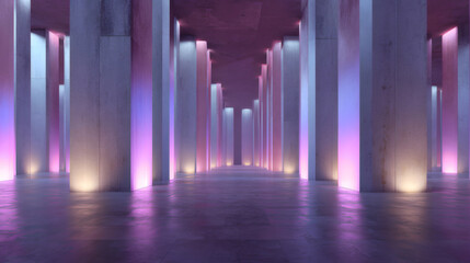 Glowing light columns in an abstract architectural space, evoking a futuristic vision of harmony and innovation