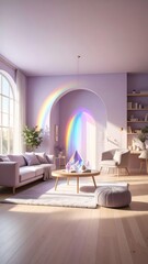 ラベンダーの光が満ちる癒しのリビング空間：自然光とプリズムが織りなす幻想インテリア

