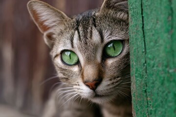 Fototapeta premium Close up of a tabby cat peeking out from behind a weathered green wooden structure focusing on its face and striking green eyes