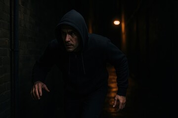 Mysterious figure moving stealthily through a dark urban alley at night