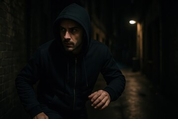 Nighttime urban chase through narrow alley with mysterious figure