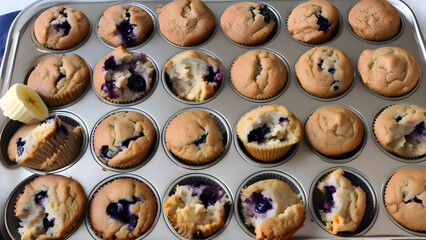 Obraz premium Freshly baked blueberry muffins sitting in a baking pan ready to be served as a warm homemade dessert or snack