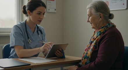Young female doctor using tablet discussing healthcare with elderly patient in a modern medical office setting showing professional medical consultation