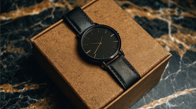 An elegant black watch with gold hands on a brown box, beautifully styled.
