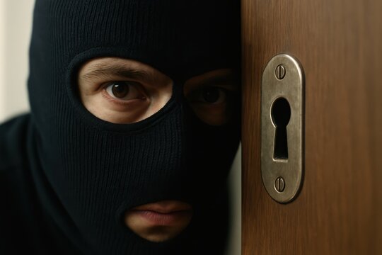Intruder lurking near a locked door while wearing a dark ski mask, showcasing tension and suspense in a dimly lit environment