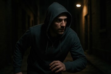 Mysterious figure moves stealthily through dark alley at night evoking a sense of suspense and intrigue