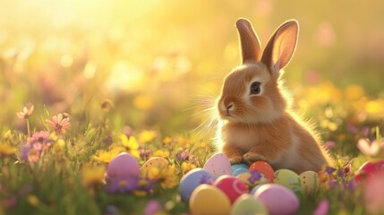 Fototapeta premium Adorable bunny surrounded by colorful Easter eggs in a vibrant meadow