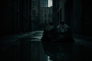 Naklejka premium Dark alley with rain-soaked ground and garbage bags reflecting in the puddle at twilight