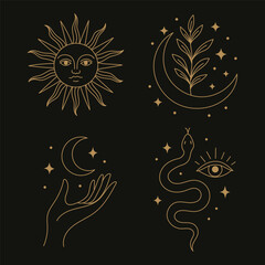 A collection of witches and wizards in the boho style with images of a butterfly, a hand, a horned god, a face, a crystal ball, the moon, a candle.