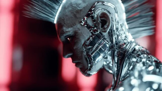 Metallic futuristic figure profile with mohawk and vivid background technology cyberpunk portrait stylish modern design concept