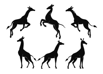 Silhouette black giraffes in various poses representing wildlife animals on a white background