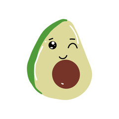 avocado kawaii cartoon character, kawaii cute avocado with a smile. Avocado kawaii flat illustration. Stylized vector character with smiling face,
