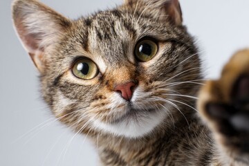 Closeup of a brown tabby cat face with green eyes and a pink nose a paw visible on the right