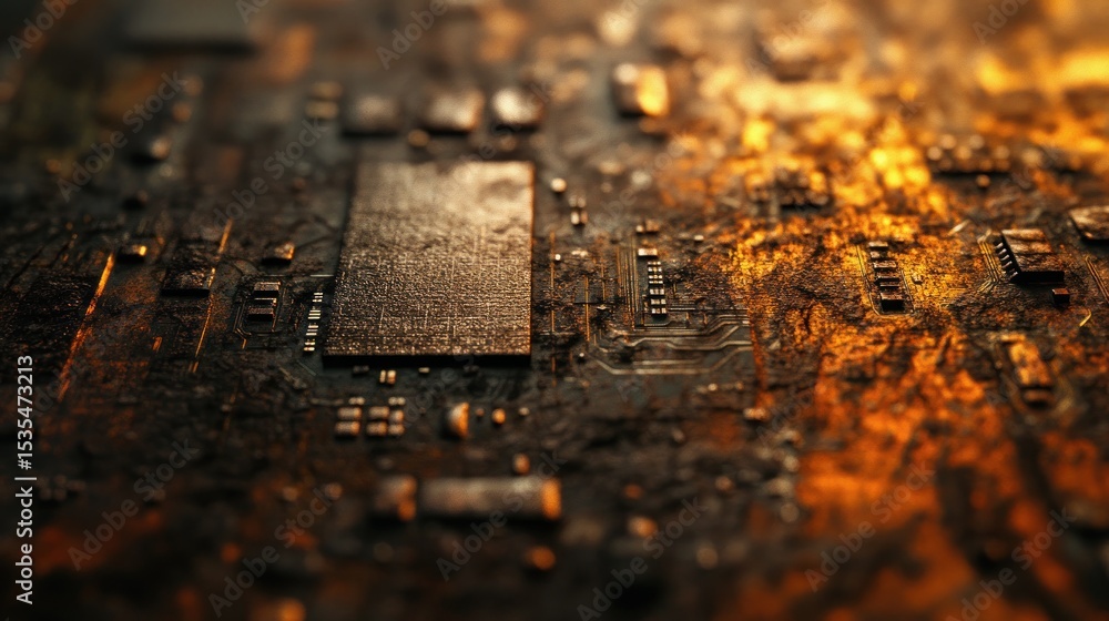 Poster detailed macro shot of a complex circuit board with intricate components