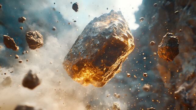 Asteroid Fragment in Space with Surrounding Debris