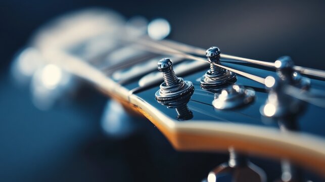Detailed shot of an electric guitar headstock with tuning pegs and strings