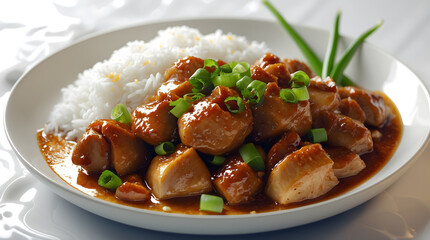 A delicious plate of teriyaki chicken served over a bed of fluffy white rice. Garnished with fresh green onions, it's a perfect Asian-inspired meal.