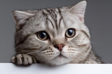 Closeup of a gray tabby cats face with large eyes and a paw resting on a white surface set against a gray background
