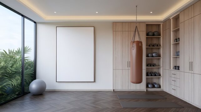 Modern Interior Gym with Punching Bag and Blank Frame for Customizable Artwork