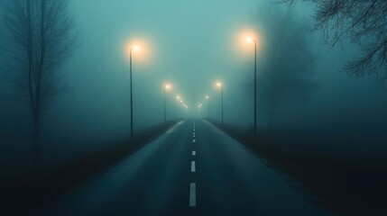 Eerie illuminated road disappearing into a thick fog, creating mysterious ambiance