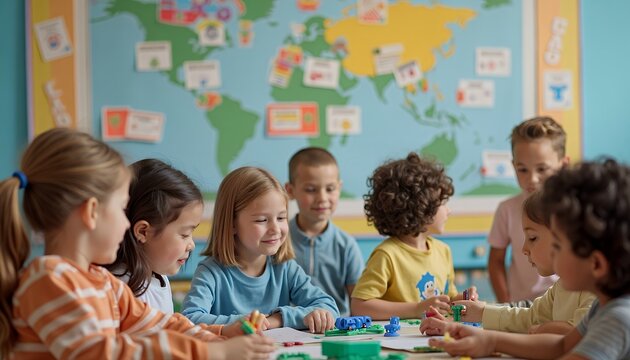 Group of Happy Children Playing with Toys in Classroom with World Map on Wall - Powered by Adobe