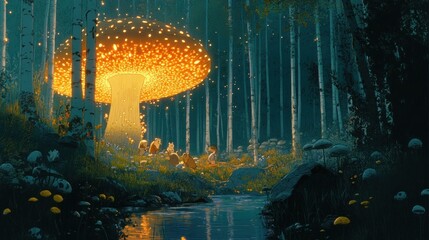 Enchanted forest scene with luminous mushroom and gathering of woodland creatures