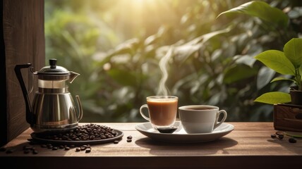Fototapeta premium Aromatic coffee and coffee beans on a wooden table.