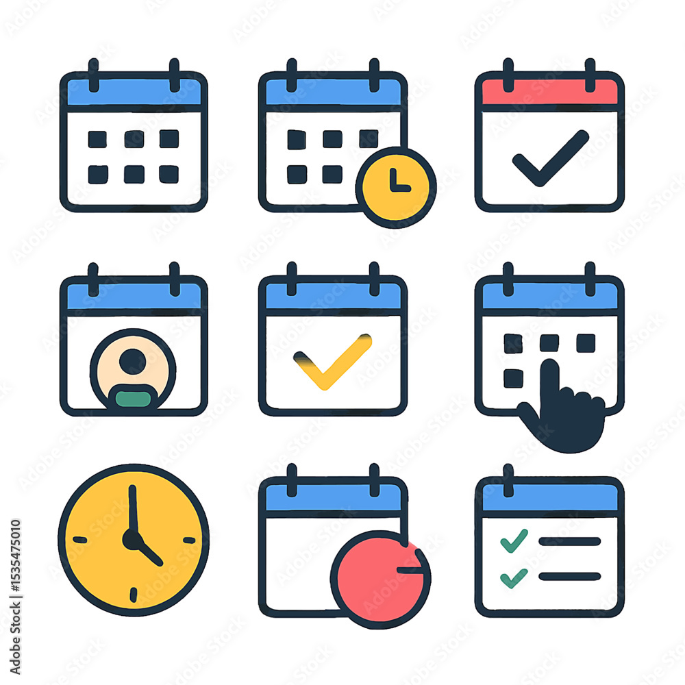 Poster a collection of various calendar and clock icons, representing time and scheduling.