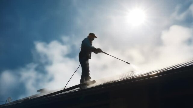 Roof cleaning worker with power washer professional building exterior maintenance image for editorial and commercial use