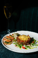 Gourmet Beef Tartare with Toasted Bread and White Wine