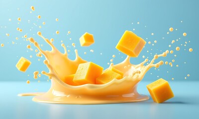Refreshing mango juice splash with freshly cut cubes against a light blue background