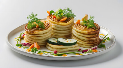 Three elegant stacks of thinly sliced, roasted potatoes, artfully arranged on a plate with fresh herbs, carrots, and cucumbers. A sophisticated and visually appealing dish.