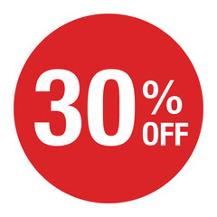 ”30％OFF ”の文字入り　丸のベクターイラスト　赤色　白文字　背景透過　