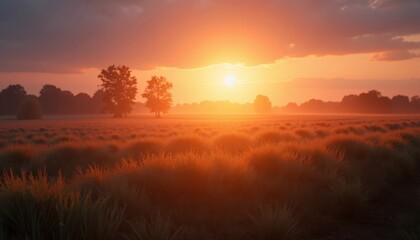 Vibrant Sunset Over Field of Tall Grass and Trees in Warm Orange and Red Hues