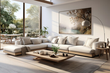 Bright modern living room with white sectional sofa, light wood furniture, large landscape window, and serene nature view creating a peaceful minimalist vibe