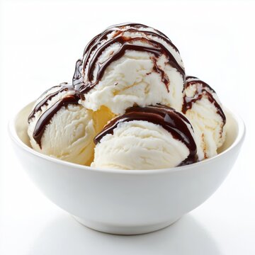 A bowl of vanilla ice cream with choclate sauce isolated on white background.
