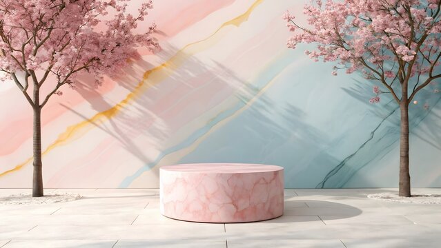 Pink marble pedestal with cherry blossom trees and abstract background - Powered by Adobe