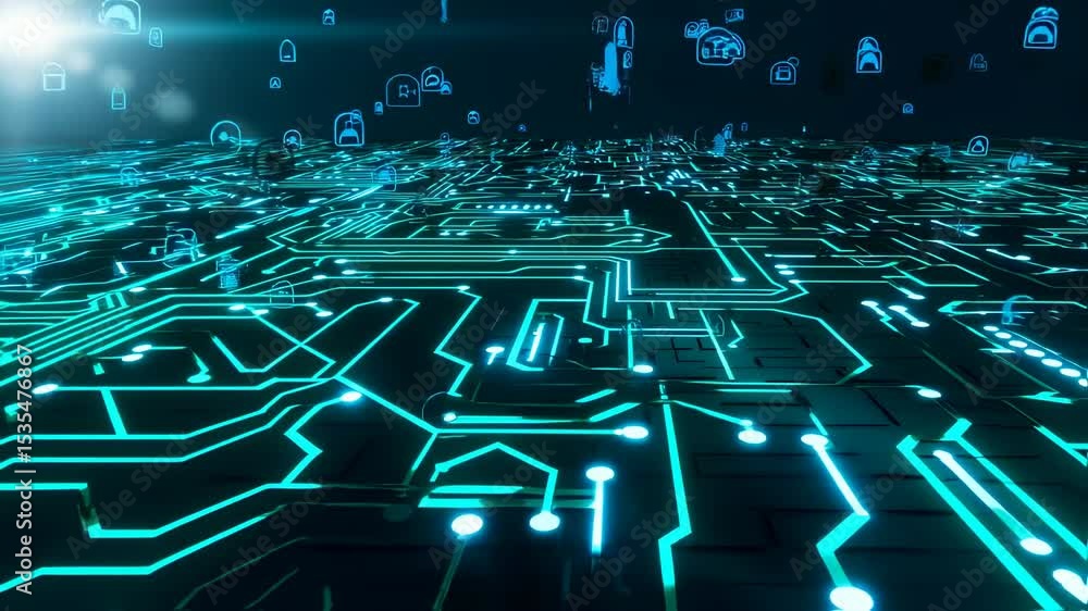 Poster cybernetic landscape with social network icons hovering above circuit board design