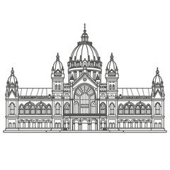 Chhatrapati Shivaji Maharaj Terminus Mumbai Line Art Illustration, Detailed Black and White Drawing of Famous Victorian Gothic Railway Station with Dome, Clock Tower, Arches and Historic Architecture