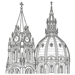 Chhatrapati Shivaji Maharaj Terminus Mumbai Line Art Illustration, Detailed Black and White Drawing of Famous Victorian Gothic Railway Station with Dome, Clock Tower, Arches and Historic Architecture