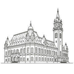 Chhatrapati Shivaji Maharaj Terminus Mumbai Line Art Illustration, Detailed Black and White Drawing of Famous Victorian Gothic Railway Station with Dome, Clock Tower, Arches and Historic Architecture