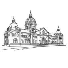 Chhatrapati Shivaji Maharaj Terminus Mumbai Line Art Illustration, Detailed Black and White Drawing of Famous Victorian Gothic Railway Station with Dome, Clock Tower, Arches and Historic Architecture