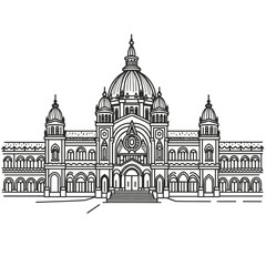 Chhatrapati Shivaji Maharaj Terminus Mumbai Line Art Illustration, Detailed Black and White Drawing of Famous Victorian Gothic Railway Station with Dome, Clock Tower, Arches and Historic Architecture