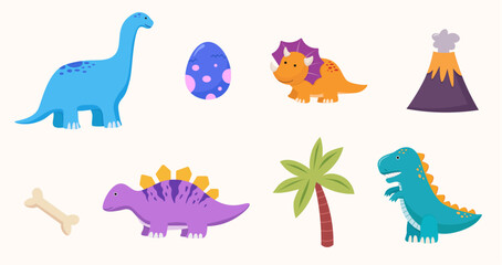 vector illustration of dinosaur with tree and volcano mountain