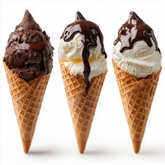 Different ice creams covered with chocolate isolated on white background.