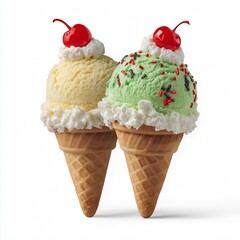 Ice cream scoops with cone isolated on white background.