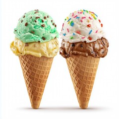 Ice cream scoops with cone isolated on white background.