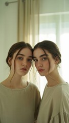 Fototapeta premium Young women with brown hair in soft neutral dresses by window