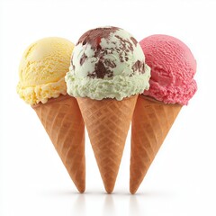 Ice cream scoops with cone isolated on white background.