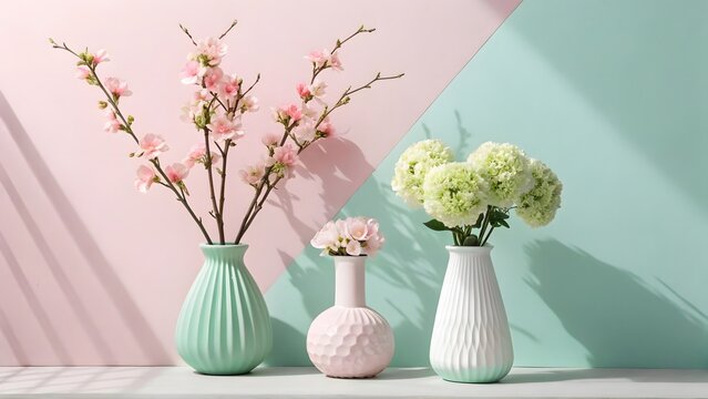 Pastel pink and green vases with spring flowers